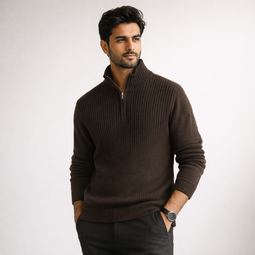 Coffee Knitted Quarter Zipper