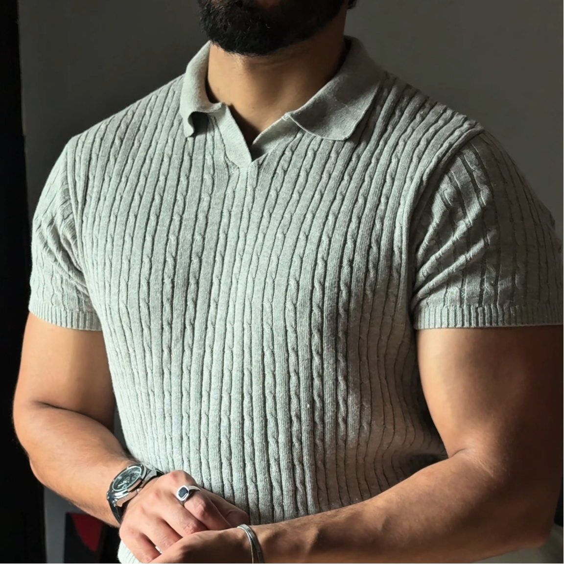 Grey Cable Knit Polo
