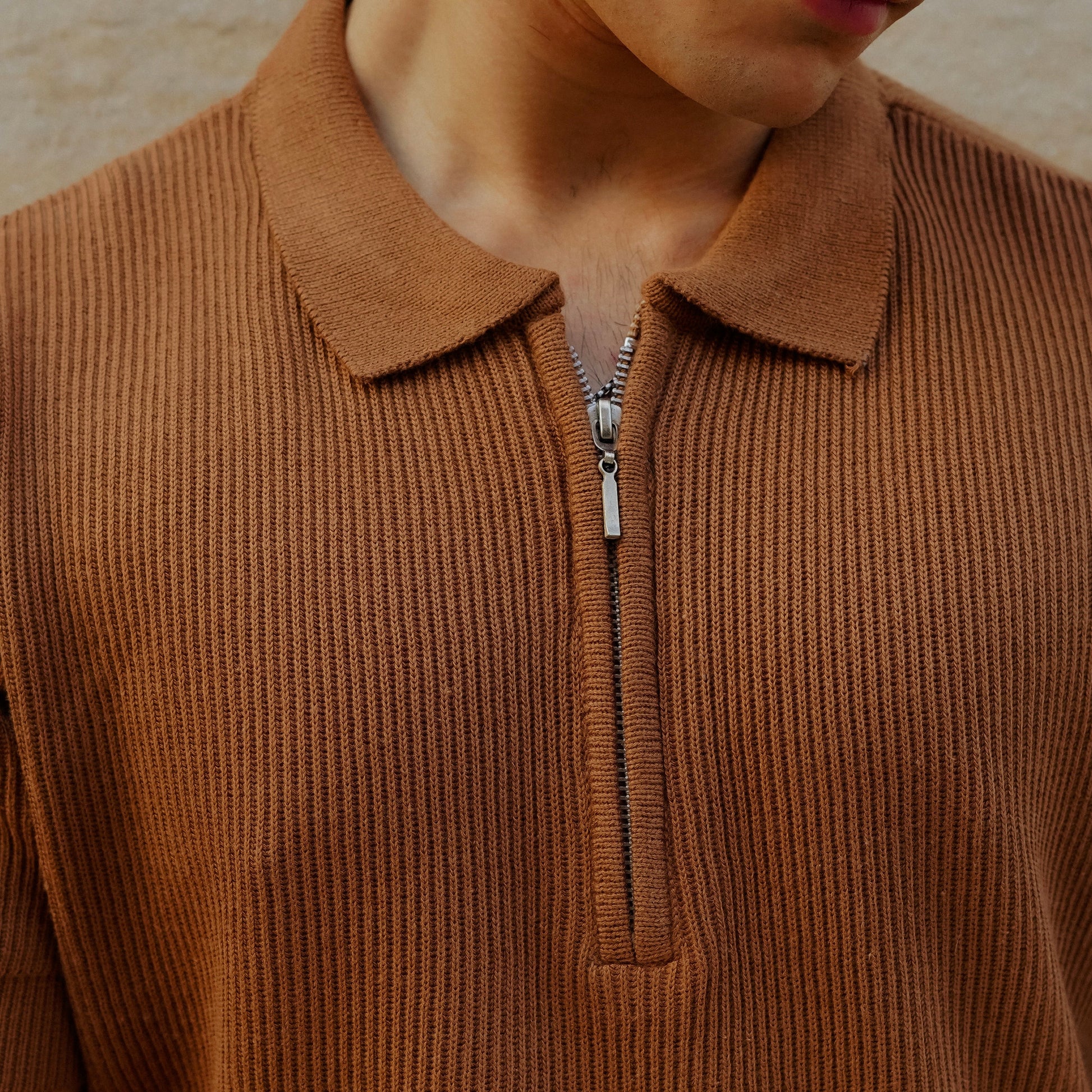 Caramel Knitted Quarter Zip Up
