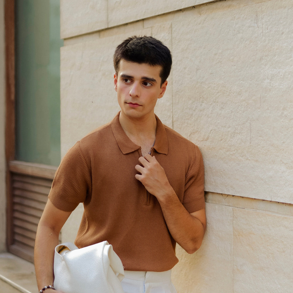 Caramel Knitted Quarter Zip Up