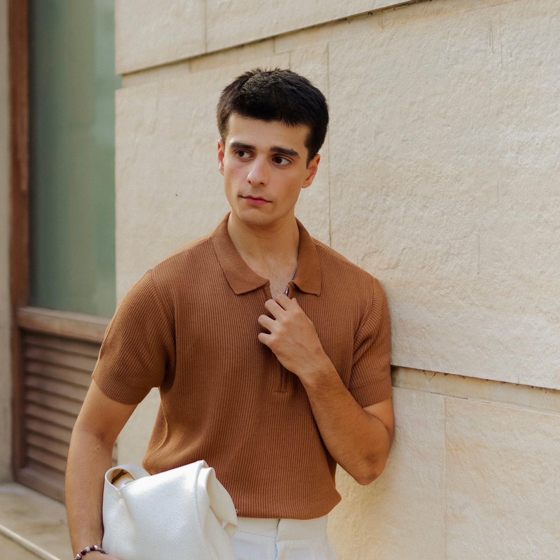 Caramel Knitted Quarter Zip Up