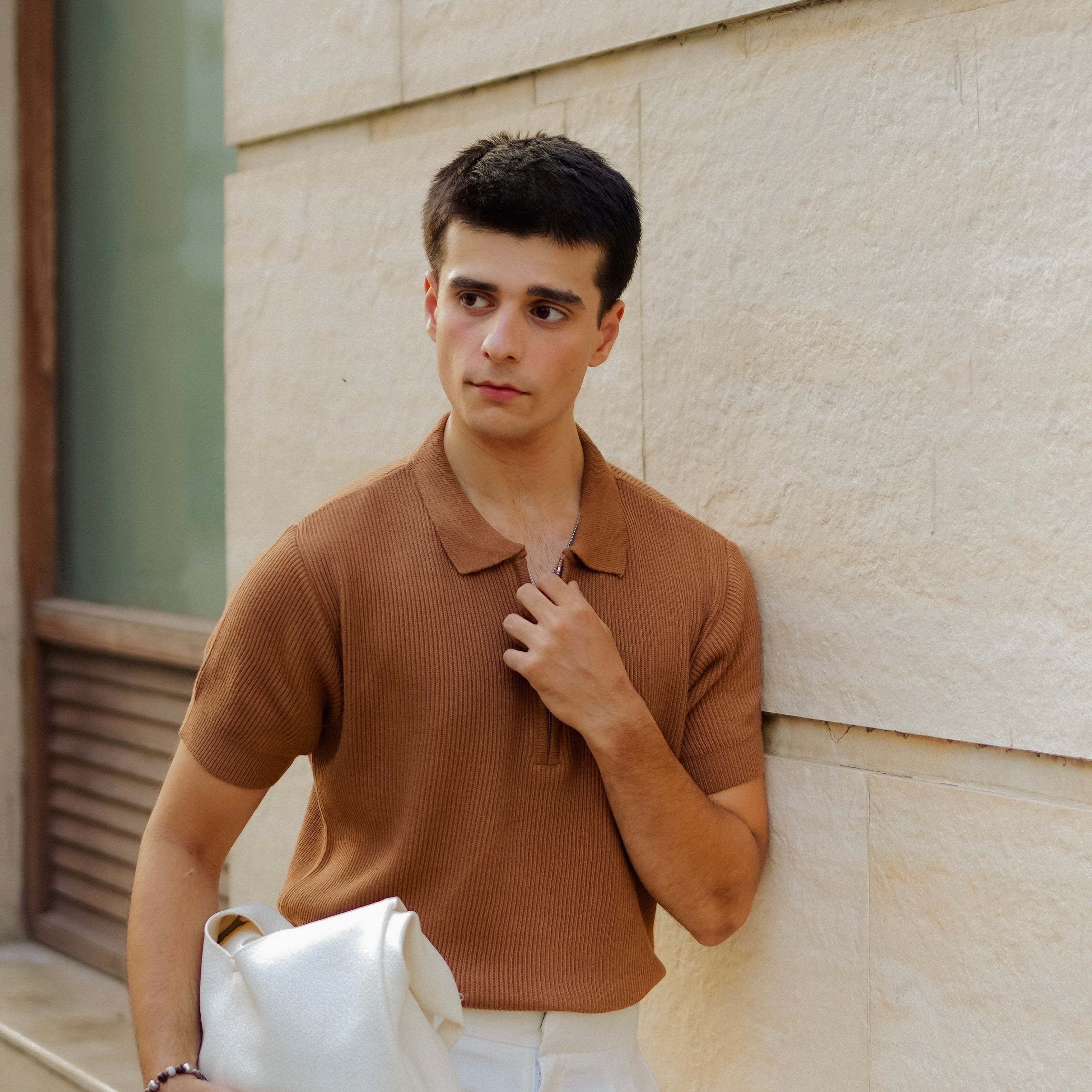 Caramel Knitted Quarter Zip Up