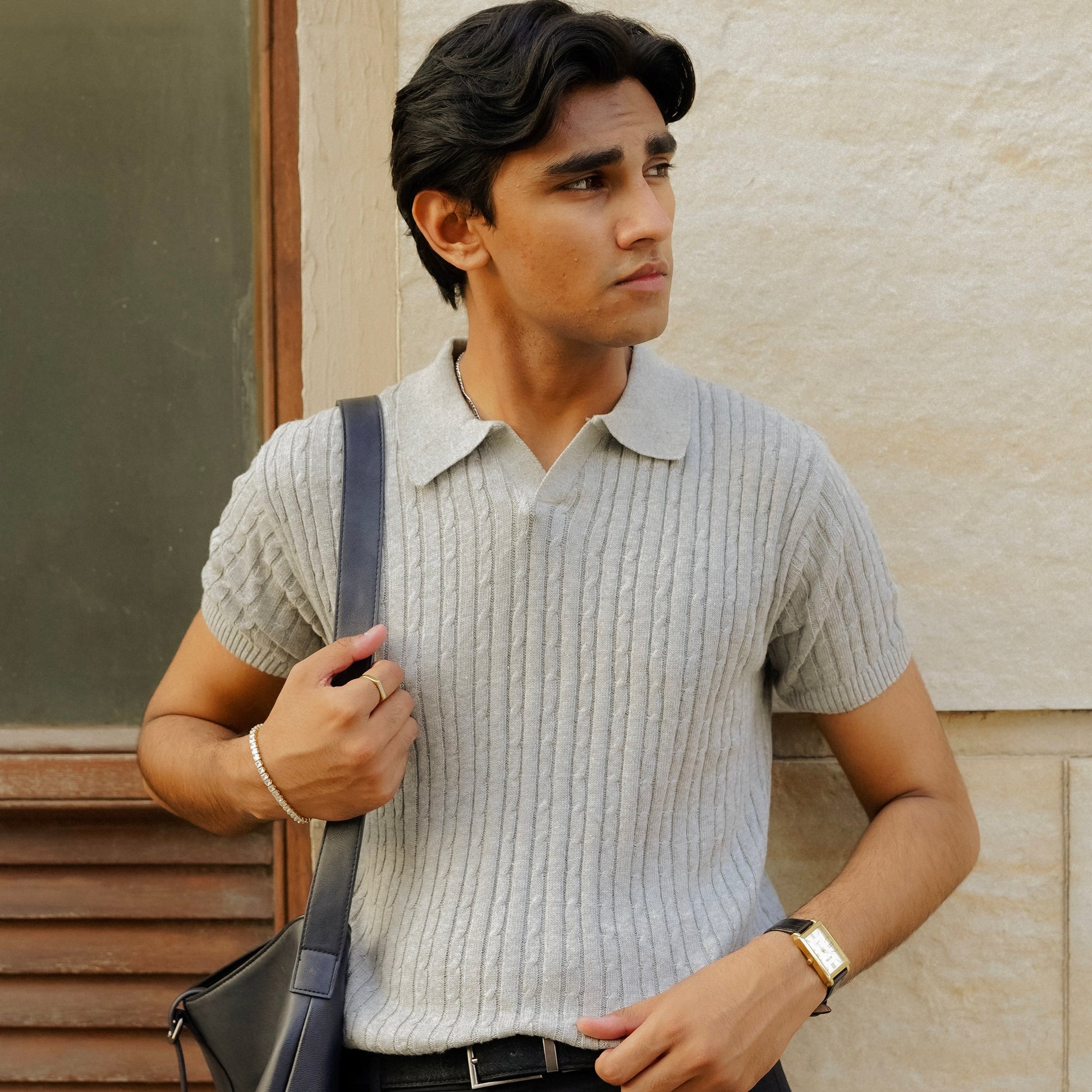Grey Cable Knit Polo