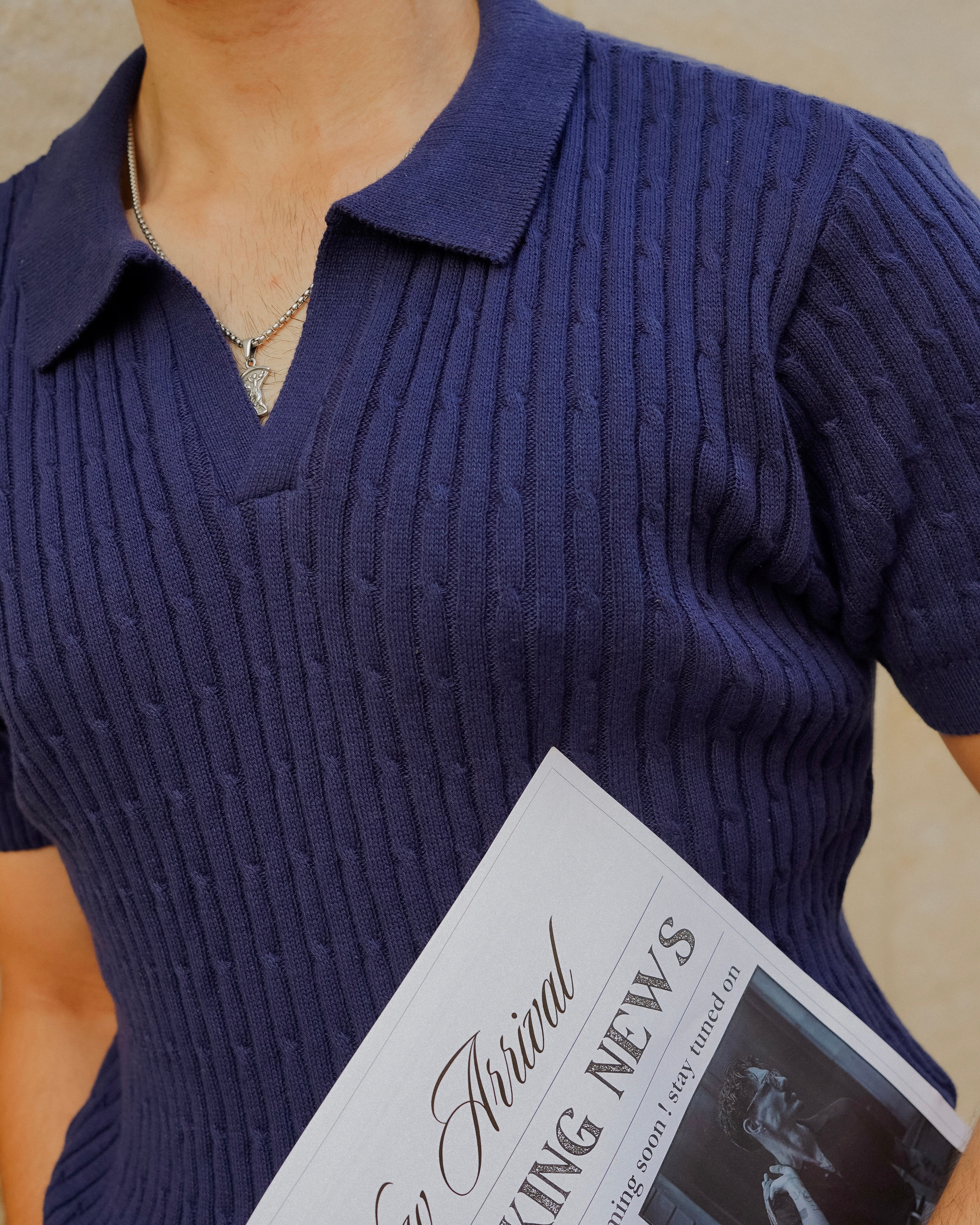 Navy Cable Knitted Polo