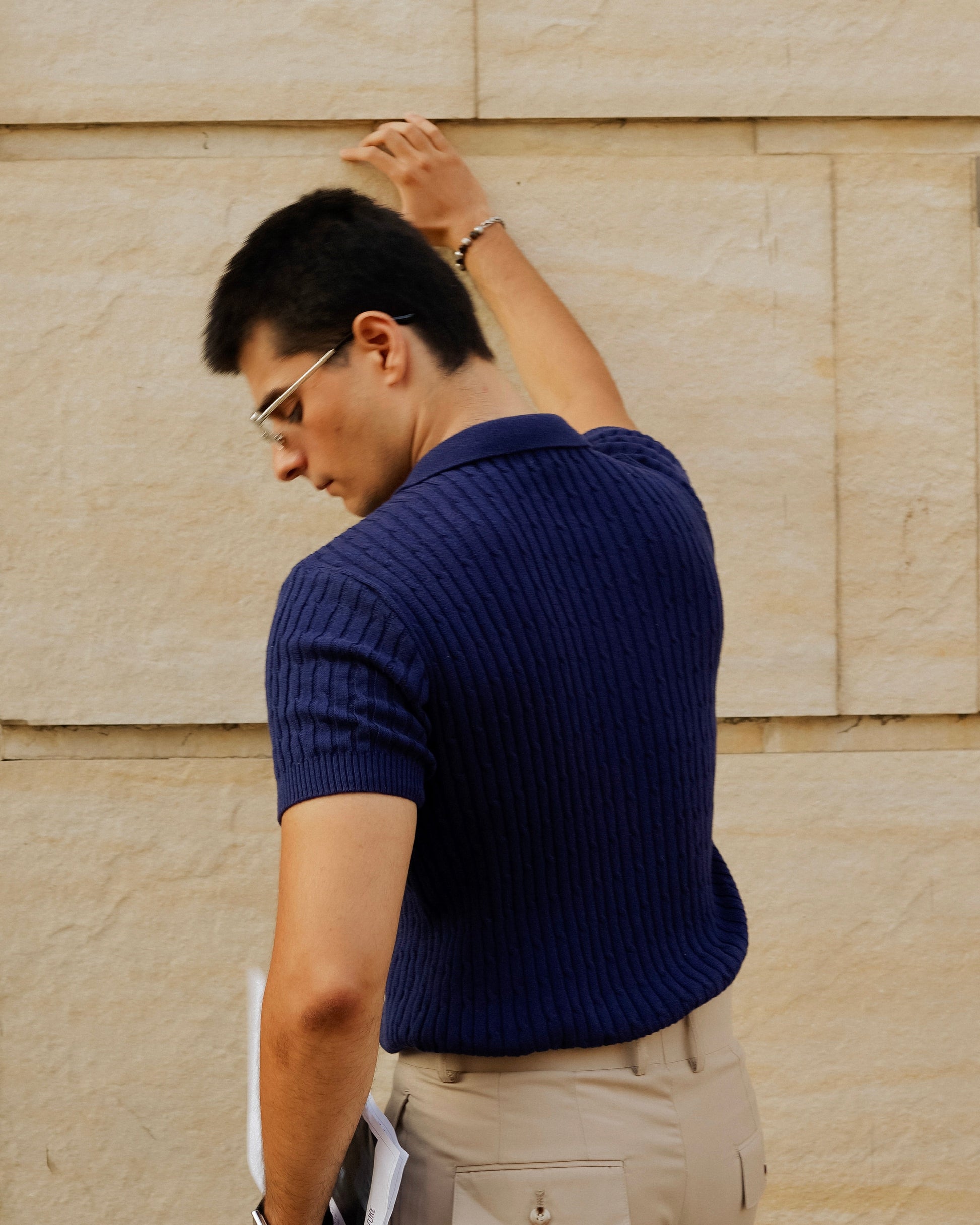 Navy Cable Knitted Polo