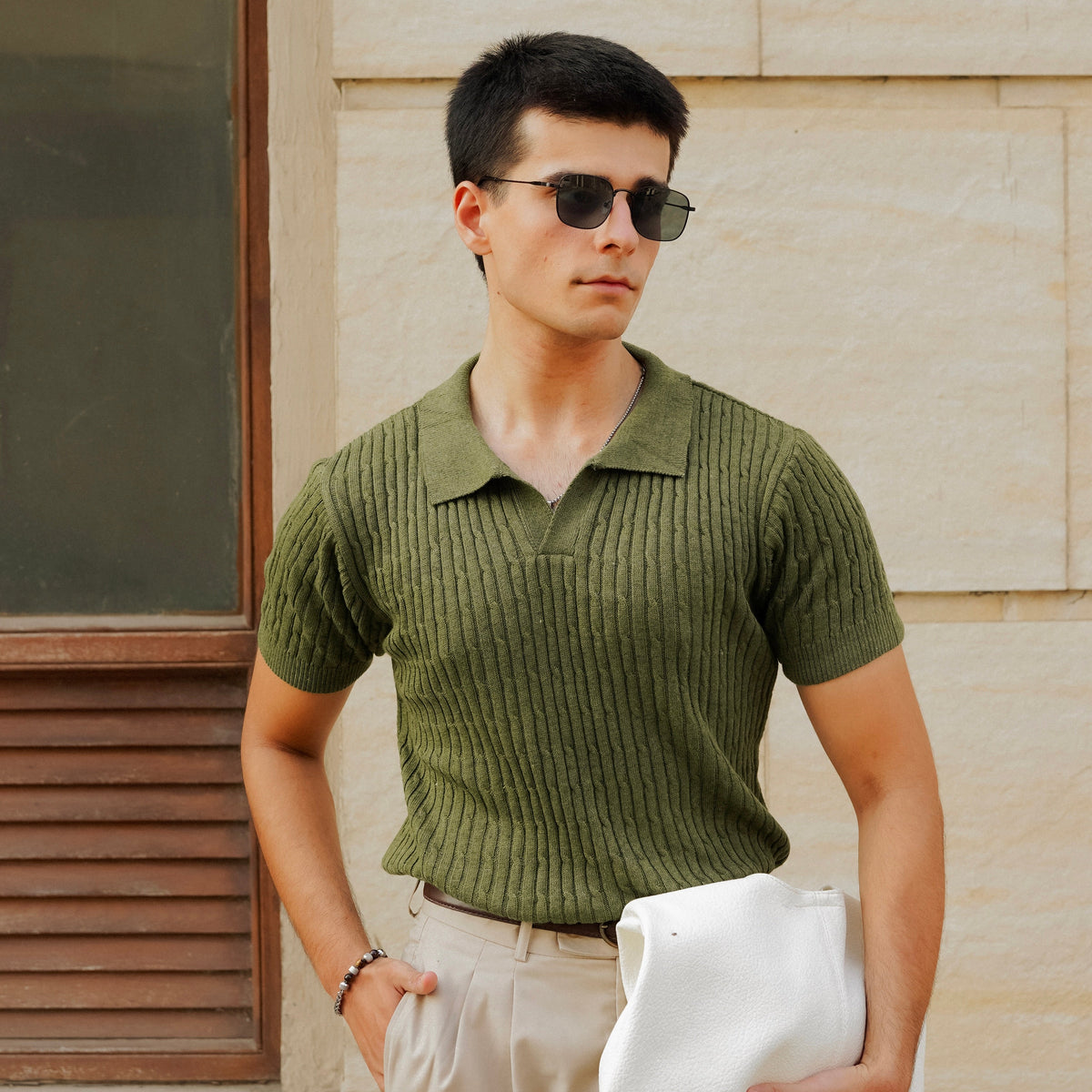 Olive Cable Knitted Polo