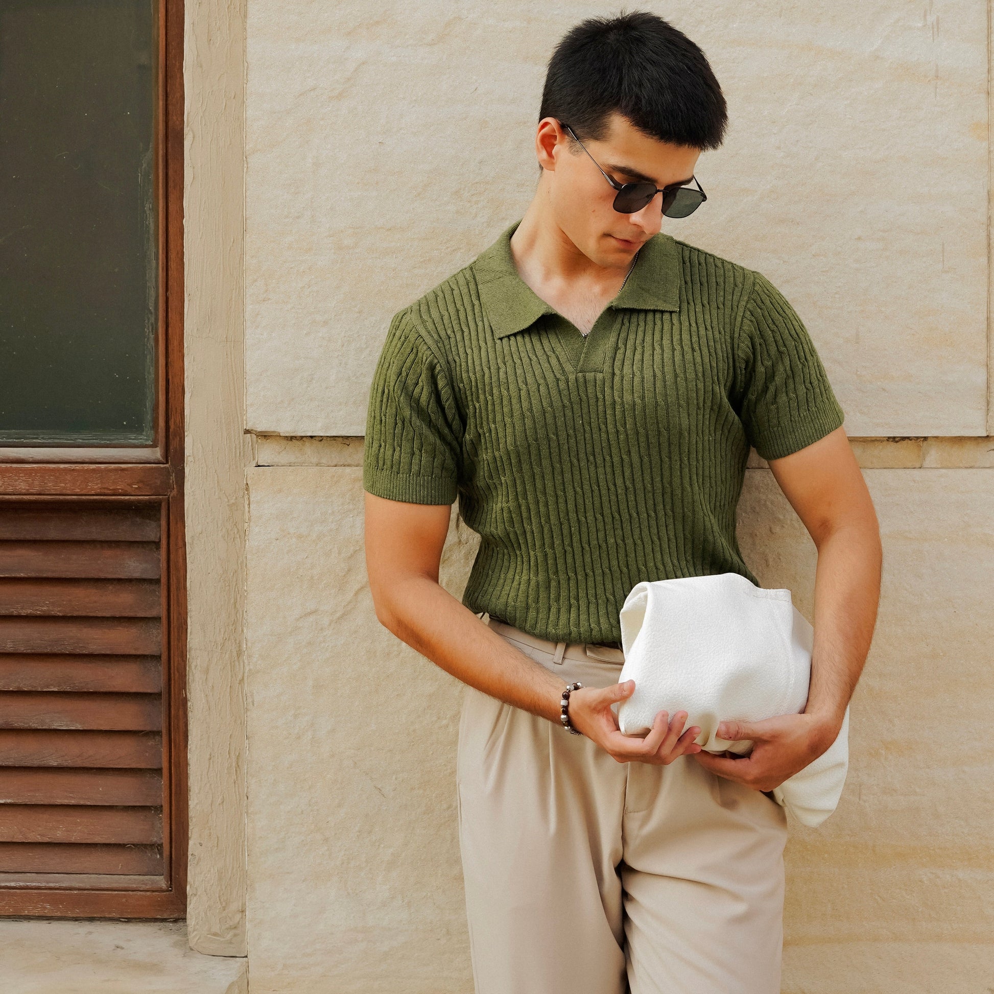 Olive Cable Knitted Polo