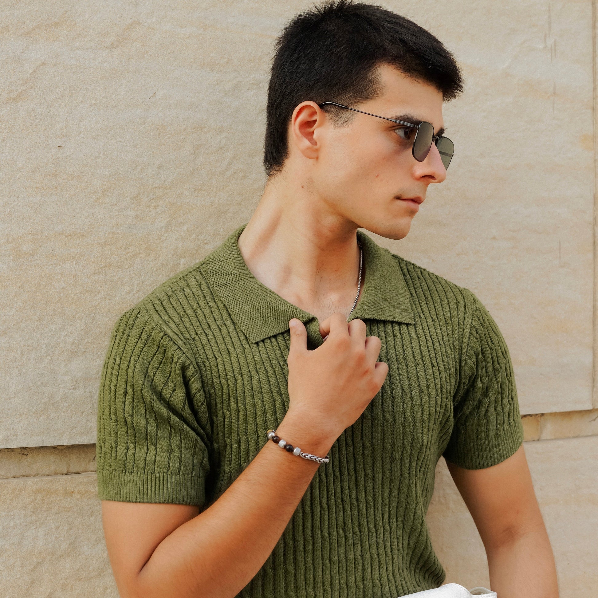 Olive Cable Knitted Polo