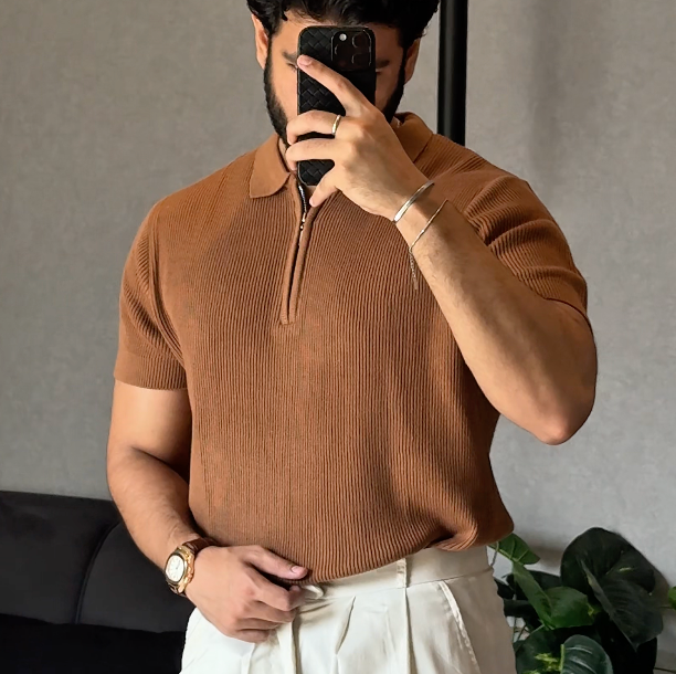 Caramel Knitted Quarter Zip Up